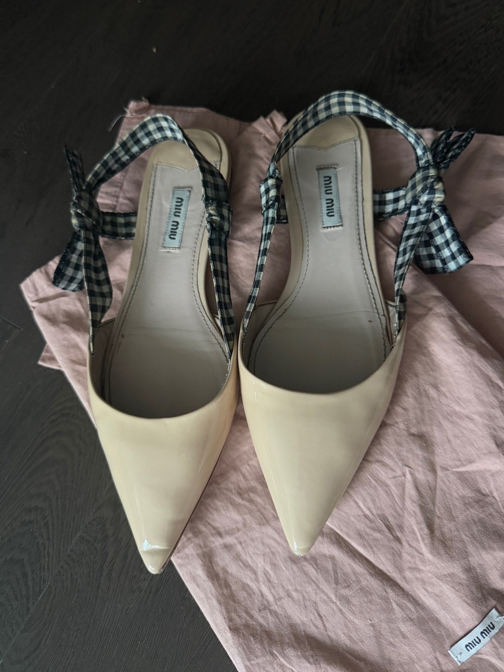Miu Miu Nude Patent Pointed-Toe Slingbacks with Black & White Gingham Ties